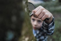 Зверху уважна етнічна дитина зі збільшувальним склом, що вивчає стовбур дерева з мохом у лісі на розмитому фоні — стокове фото