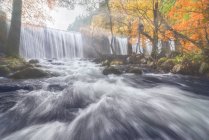 Vue panoramique du mont avec cascades et rivière avec des fluides d'eau mousseux sur des pierres entre les arbres d'automne à Lozoya, Madrid, Espagne. — Photo de stock