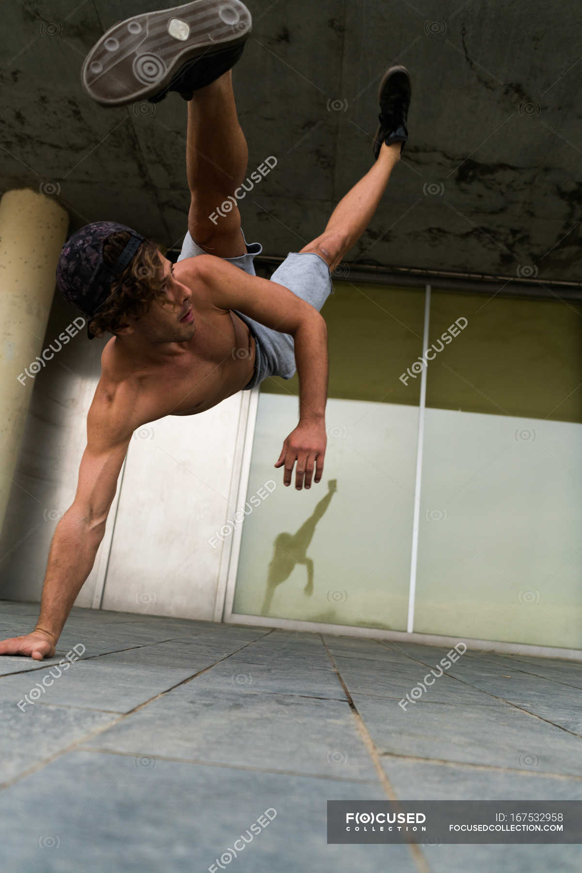 Shirtless Man In Handstand On Street Flexibility Anonymous Stock Photo