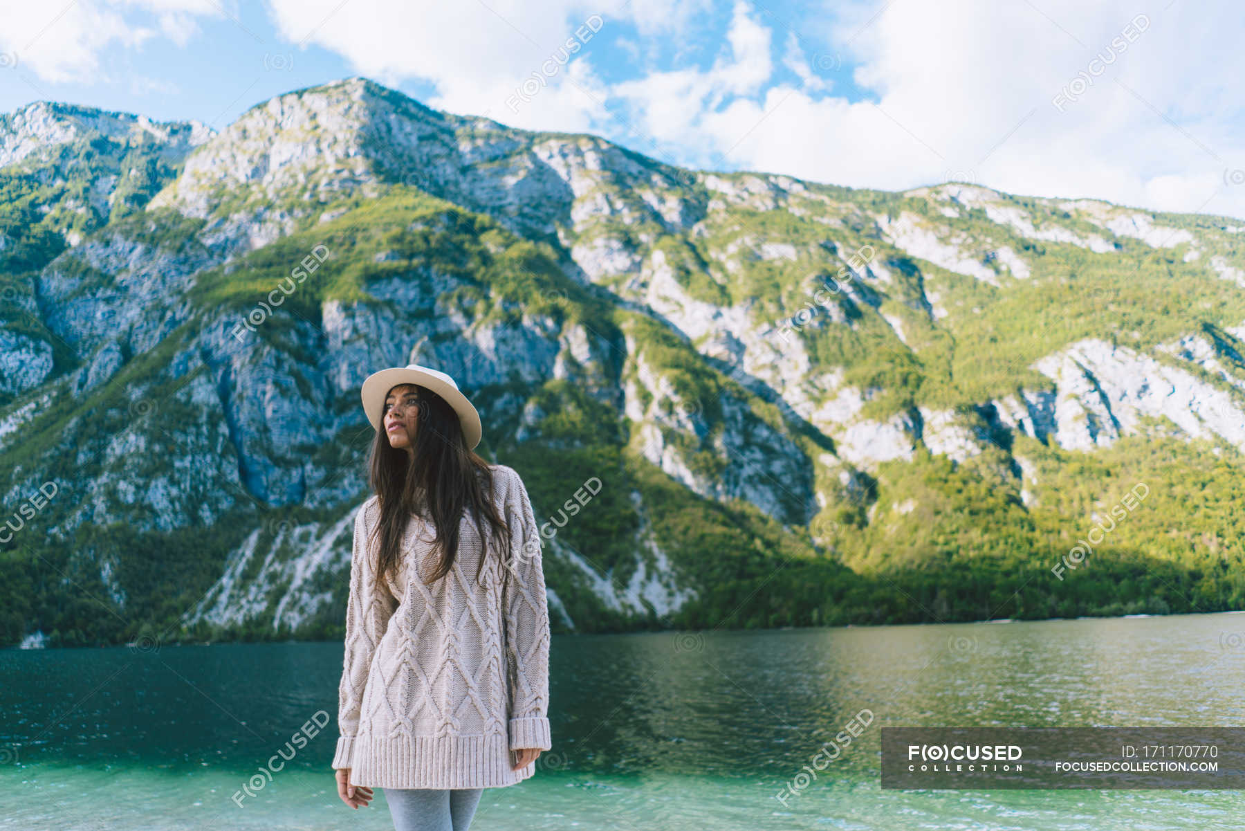 Girl in hat posing at mountain lake shore — travel, relax - Stock Photo ...