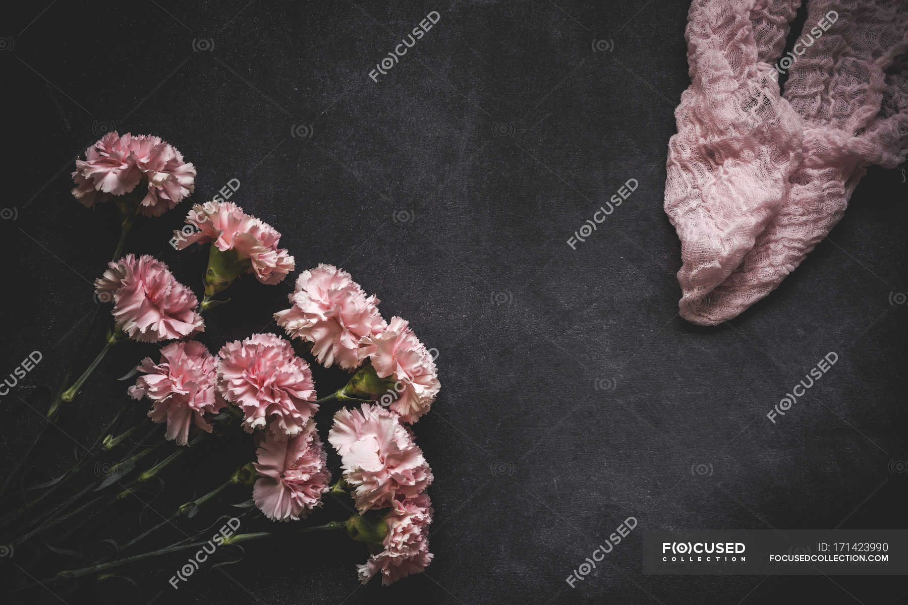 Floral background with pink carnations and gaze fabric on black stone
