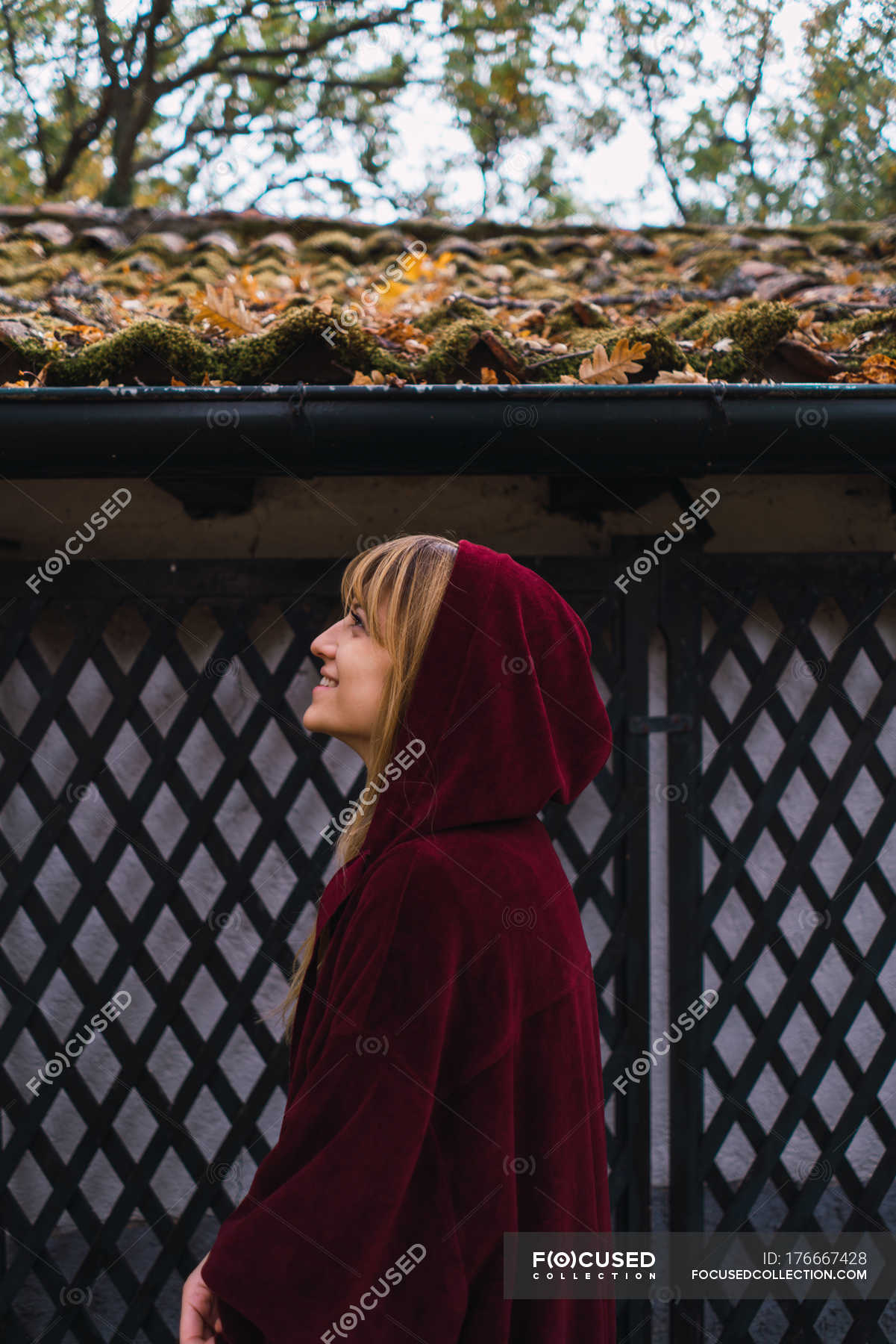 Download Side View Of Brunette Girl Wearing Red Hoodie Jacket Posing Against Fence At Park Nature Posture Stock Photo 176667428