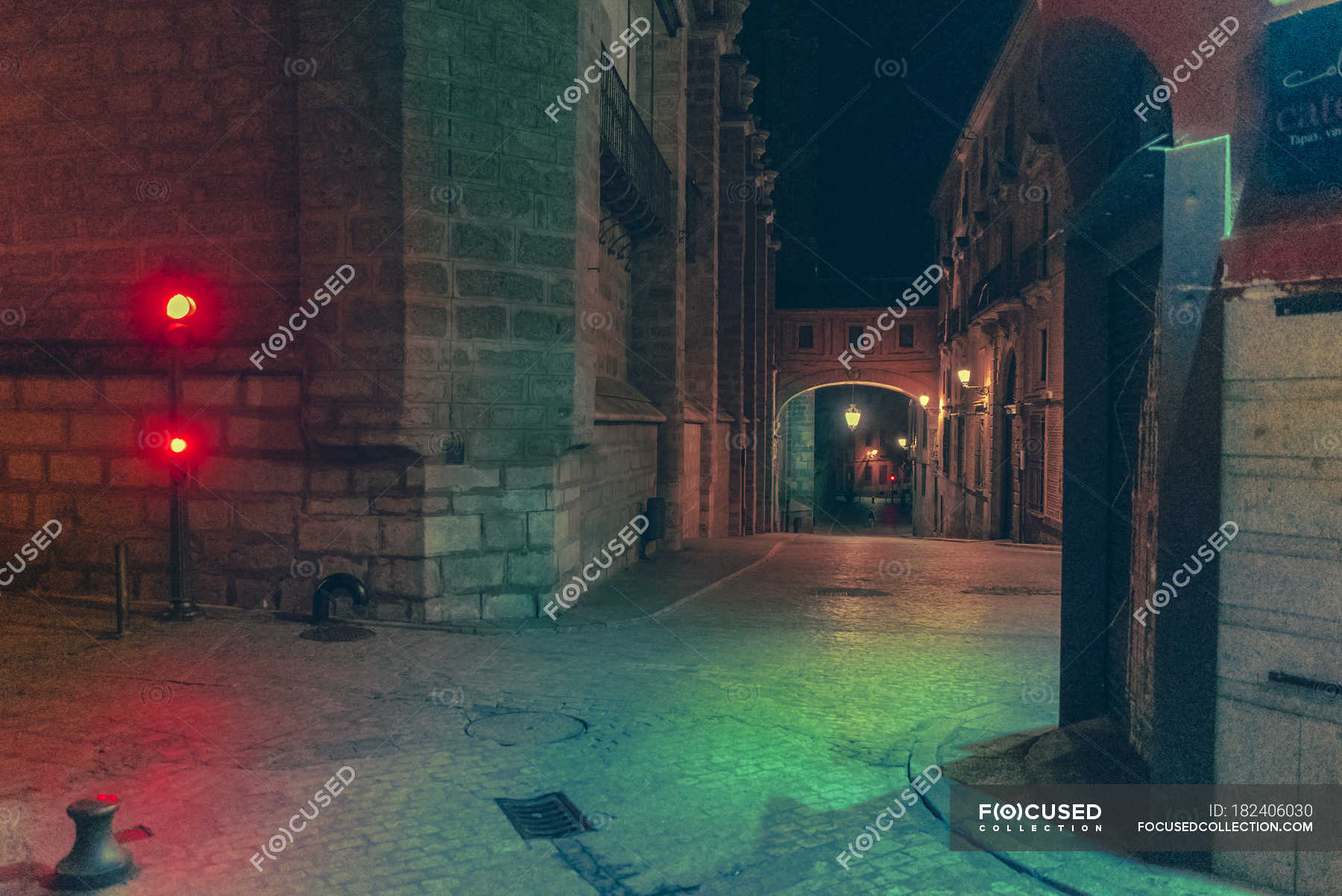 View To Dark Empty Street At Night Horizontal Streetlights Stock Photo