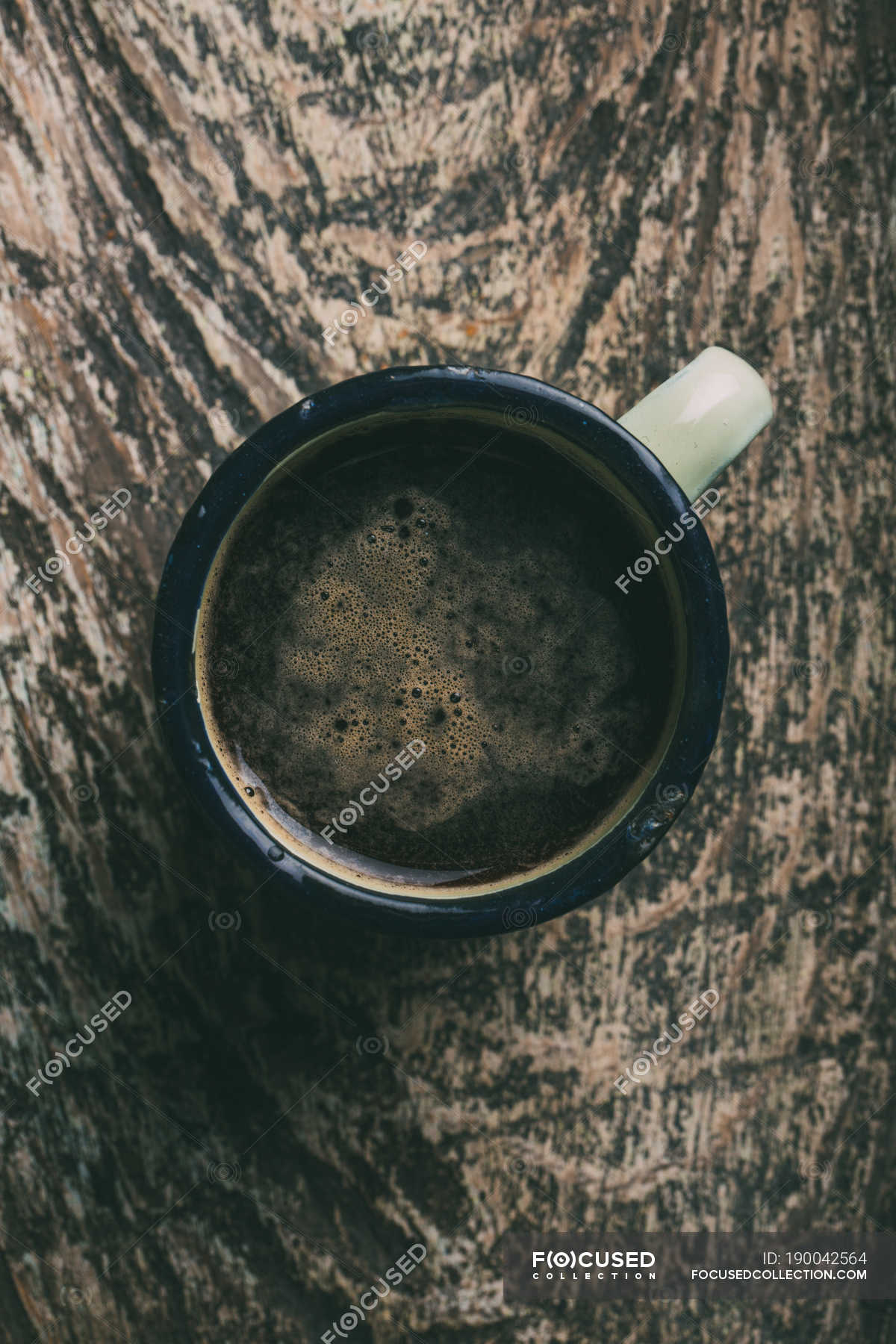 Directly above view of coffee mug on rustic wooden table — milk, retro -  Stock Photo | #190042564