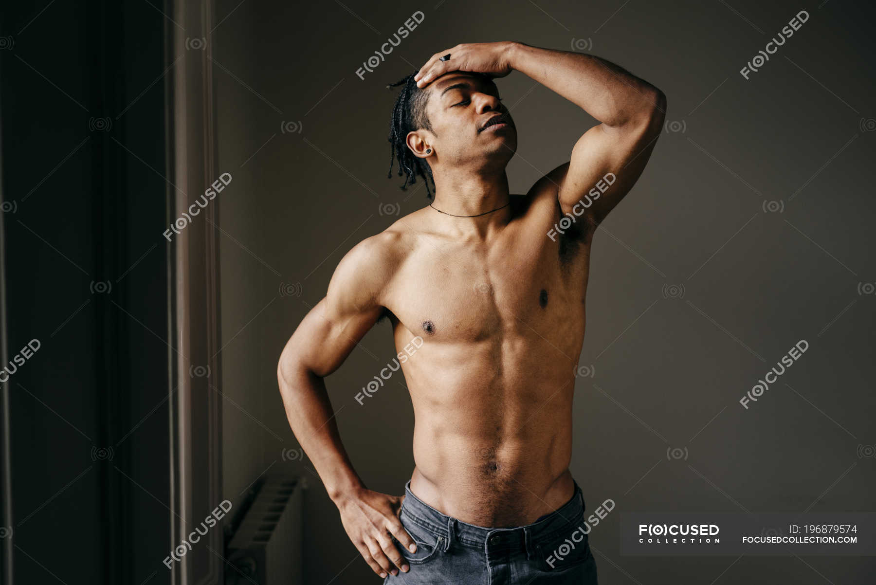 Shirtless Man Touching Hair At Window — Serious, Black - Stock Photo ...