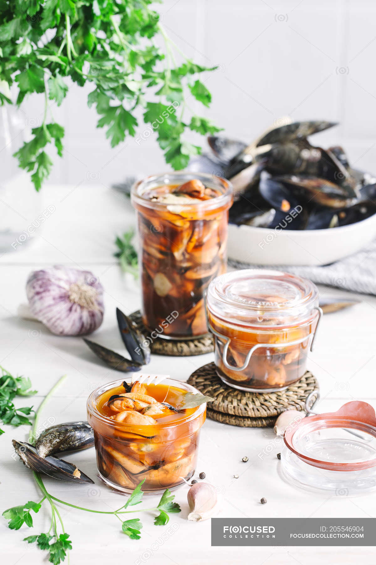 Mussels in glass jars — culinary, ingredients Stock Photo 205546904