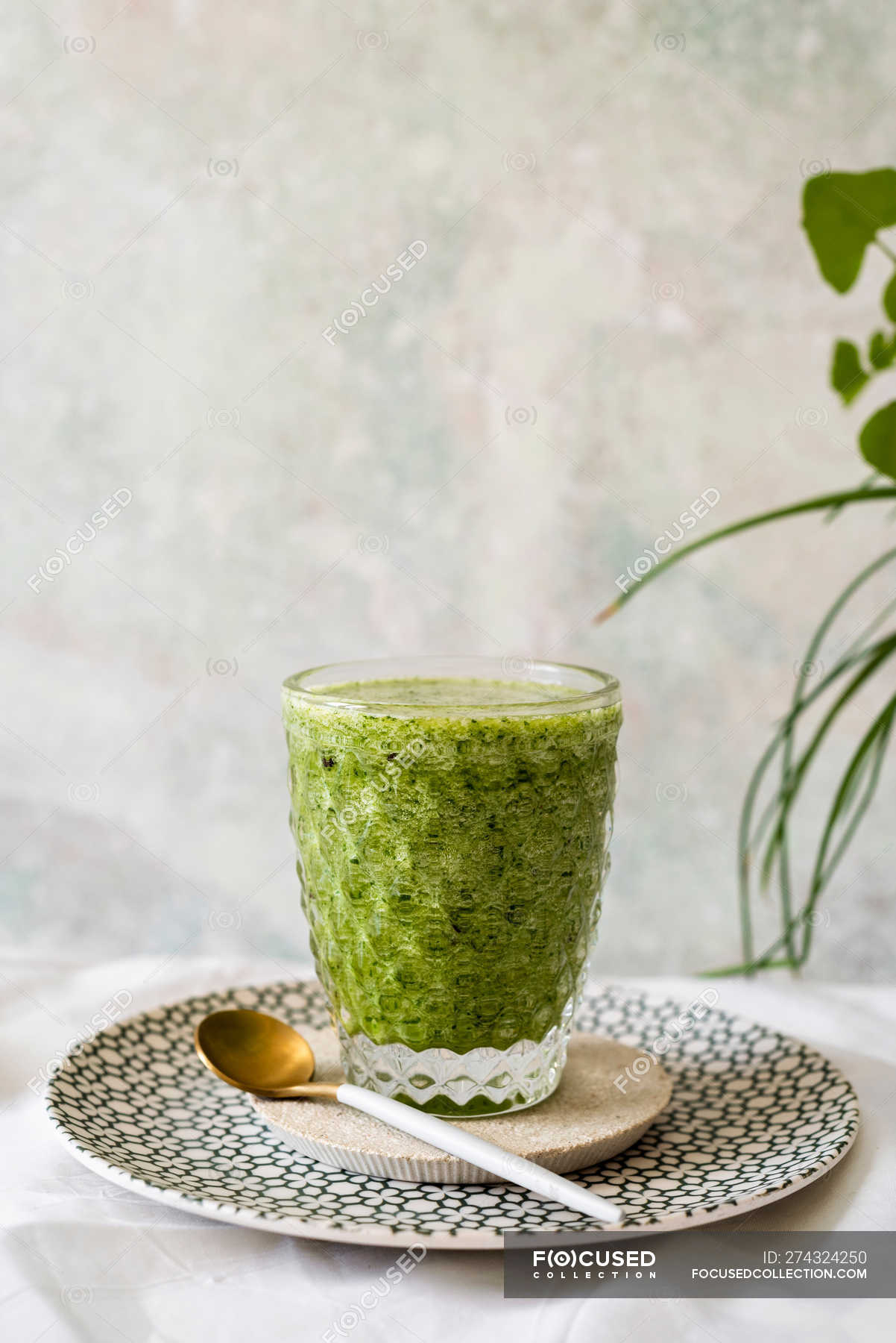 Healthy Green Smoothie Of Spinach Avocado And Kiwi Apple And Lemon In Glass On Wooden Board Juice Beverage Stock Photo 274324250