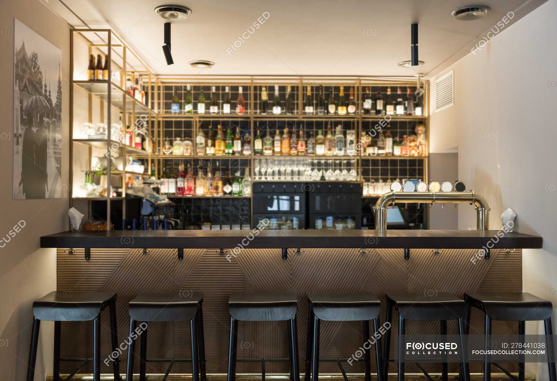 Counter And Stools Of Small Bar Inside, Restaurant Bar Shelving