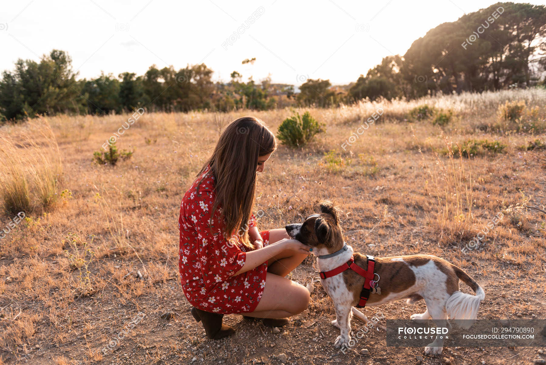 Young Woman With Long Hair Playing And Giving Affection To Cute