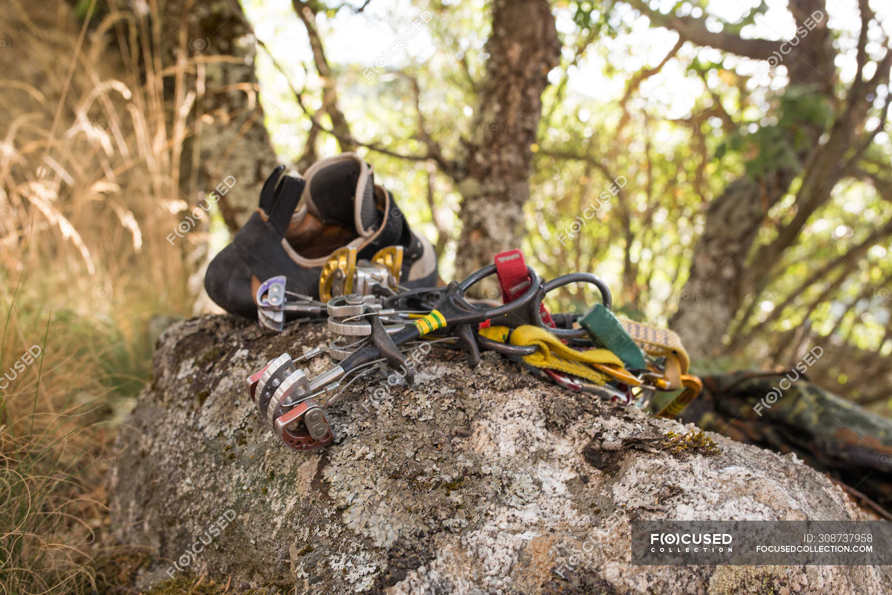 Climbing equipment, ropes, climbing shoes, carabines, ready to be used
