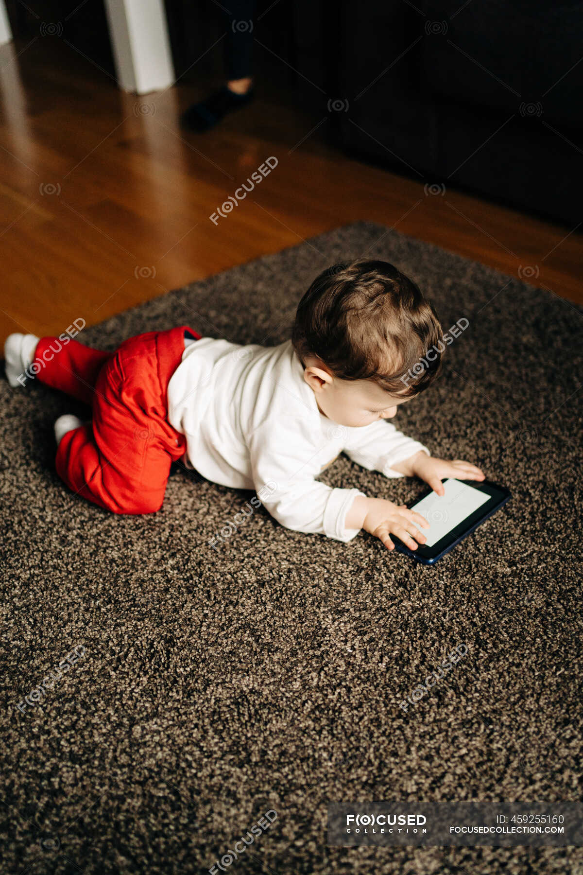 From above content little baby boy lying on fluffy carpet and watching funny  video on mobile phone in light living room — innocent, using - Stock Photo  | #459255160