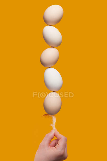 Eggs balancing on feather — Stock Photo