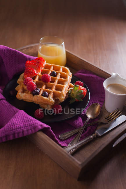 Breakfast with belgian waffles — Stock Photo