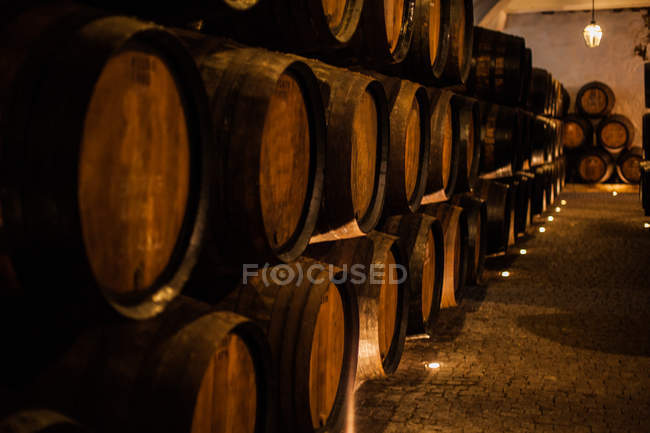 Wine barrels in wine cellar — Stock Photo
