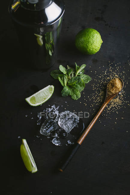 Ingrédients pour mojito sur fond sombre — Photo de stock