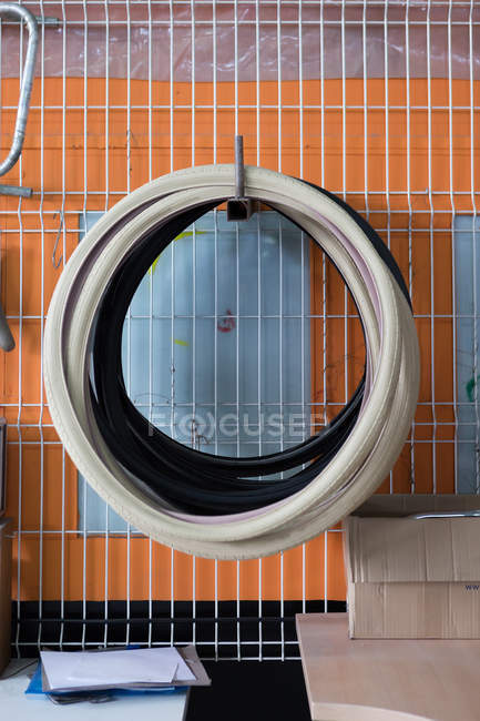 Black and white tyres of bicycle — Stock Photo