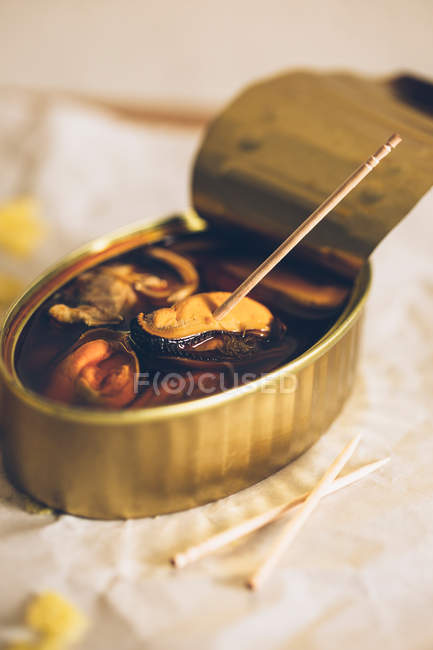 Can of delicious mussels — Stock Photo