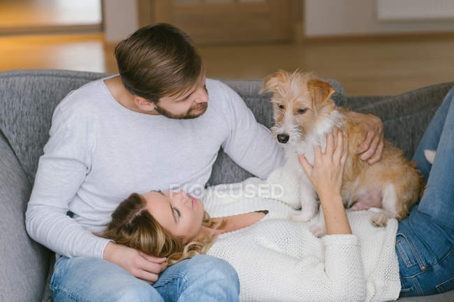 Пара гладить собаку на диване — стоковое фото