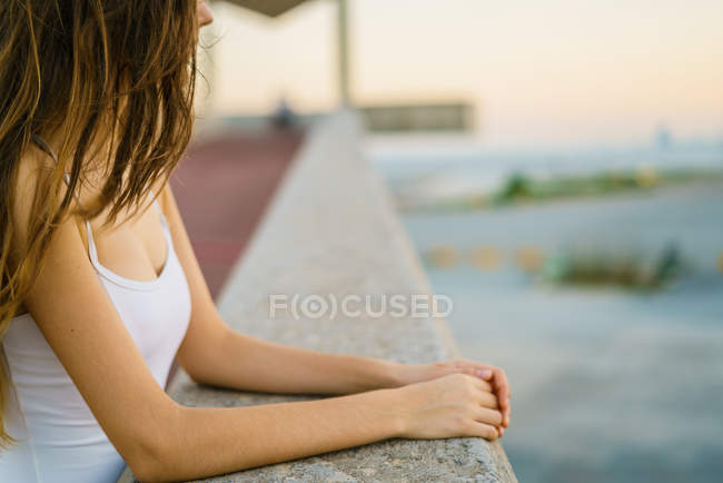 Crop ragazza bruna appoggiata su corrimano in pietra e ammirando la scena serale — Foto stock