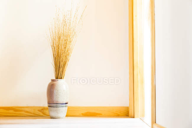 Ceramic vase with dry cereals plants by wall — Stock Photo