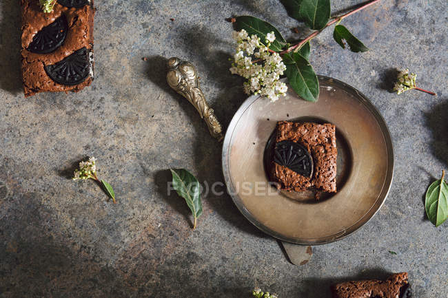 Brownie bar sur plaque avec branche de fleurs — Photo de stock