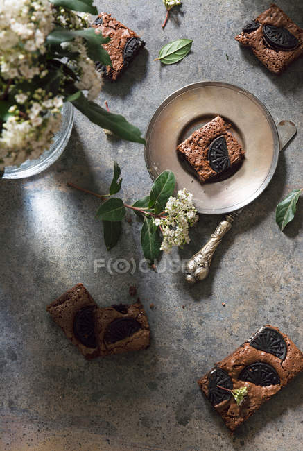 Brownie bar on metal plate — Stock Photo