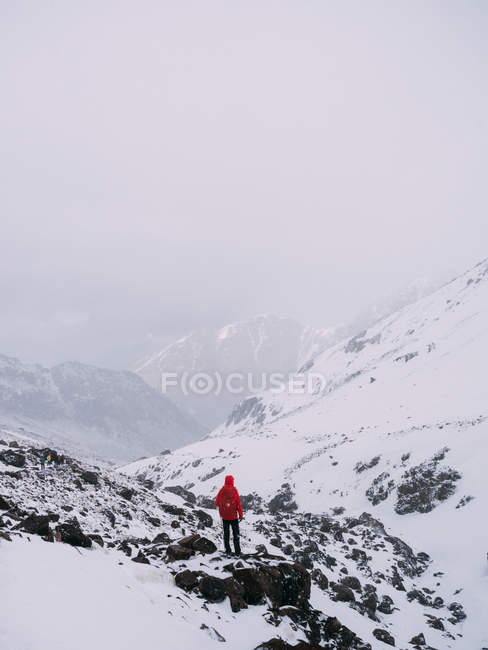 Persona anónima en montañas nevadas - foto de stock