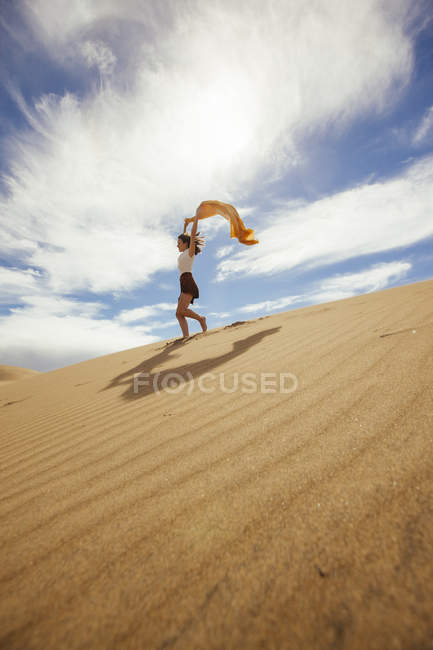 Vue latérale de femme gaie dans les sables — Photo de stock