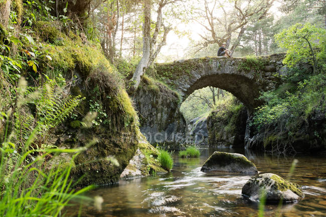 Man of adventure in the forest — Stock Photo