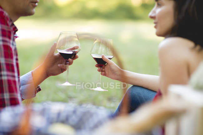 Paar stößt mit Rotwein an — Stockfoto