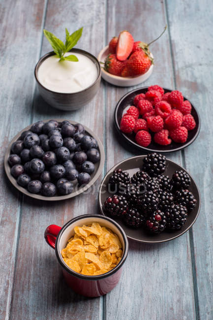 Bagas, iogurtes e cereais — Fotografia de Stock