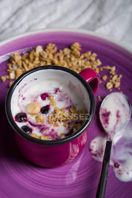 Йогурт с ягодами в чашке — стоковое фото