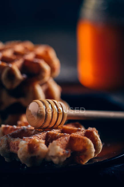 Waffles em grelha com açúcar de confeiteiro — Fotografia de Stock