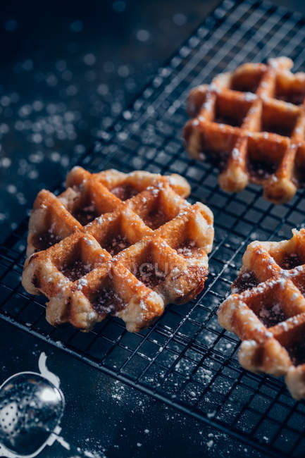 Waffles em grelha com açúcar de confeiteiro — Fotografia de Stock