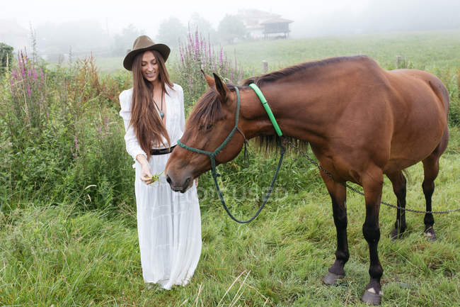 Young girl in white dress stroking horse — Stock Photo