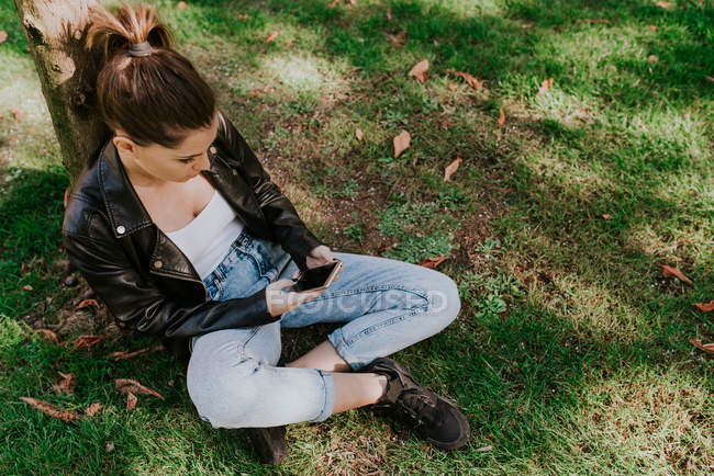 Dall'alto ragazza elegante seduta vicino all'albero al prato del parco e smartphone di navigazione — Foto stock