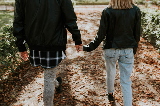Crop rear view of couple holding hands and walking at park — Stock Photo