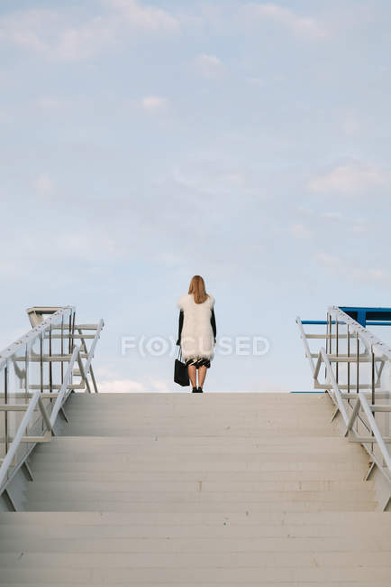 Visão traseira da mulher de negócios loira elegante no topo das escadas urbanas — Fotografia de Stock