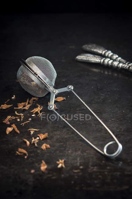 Composition du thé avec passoire à thé — Photo de stock