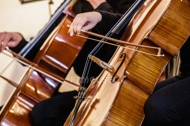 Midsection of men playing on bass violin — Stock Photo