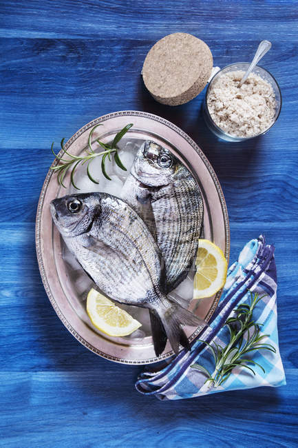 Dos pescados frescos con limón y romero - foto de stock