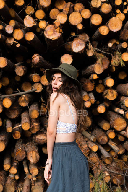 Чуттєва дівчина стоїть на фоні колод — стокове фото