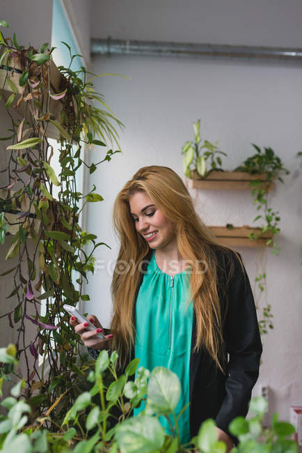Retrato de louro sorridente em pé perto de plantas em vasos e smartphone de navegação no escritório — Fotografia de Stock