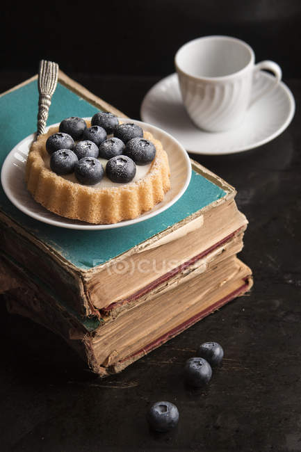 Чорничний торт над старими книгами — стокове фото