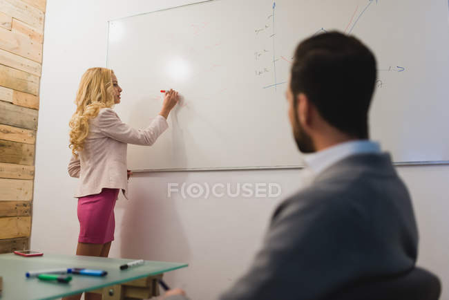 Side view of woman writing information on whiteboard with marker while daily meeting in office — Stock Photo
