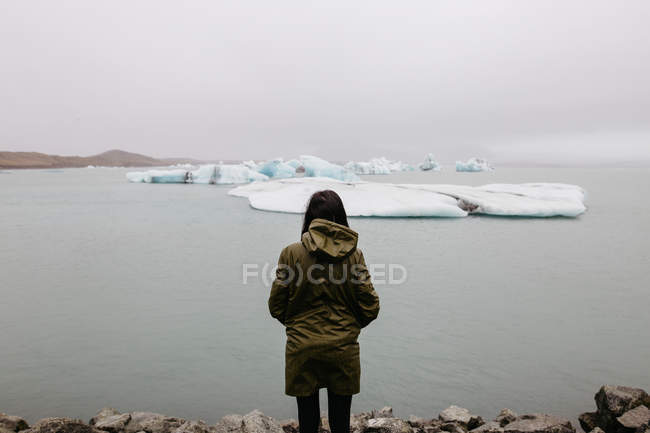 Анонимная женщина смотрит на ледник — стоковое фото