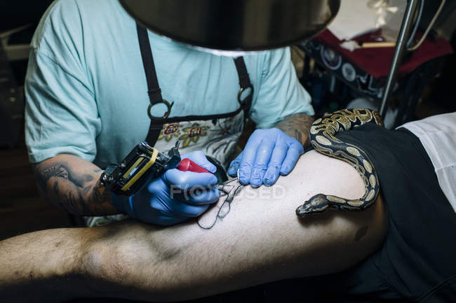 Mestre fazendo tatuagem enquanto cobra rastejando na perna — Fotografia de Stock