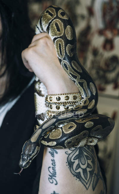 Snake creeping around tattooed hand with bracelet — Stock Photo