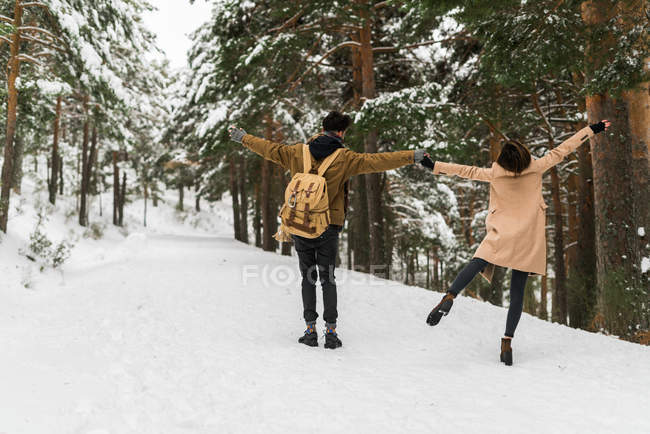 Loving funny couple in woods — Stock Photo