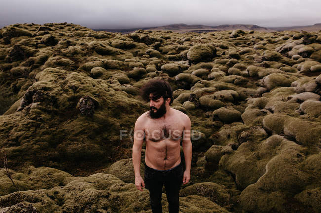 Homem sem camisa na natureza islandesa — Fotografia de Stock